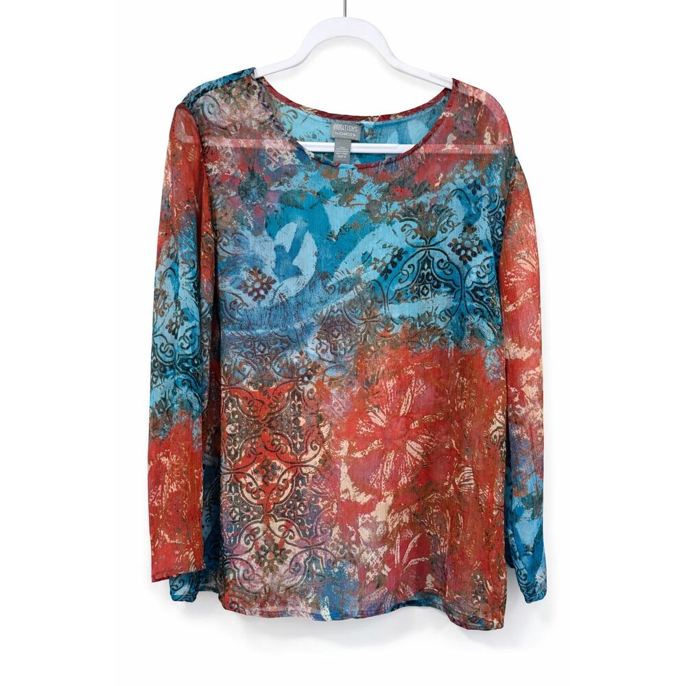 Additions by Chico Sheer SZ 2 Boho Tunic Blouse Flowy Abstract Festival Top